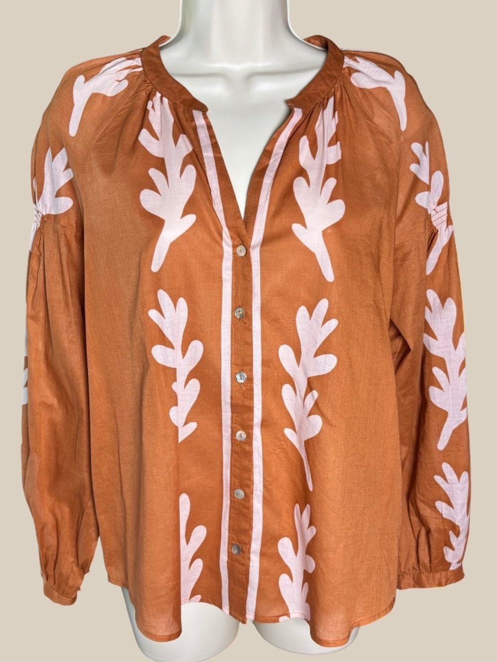 Daniel Rainn Rust Pink Leaf Border Print Button Up Peasant Blouse V Neck Boho M
